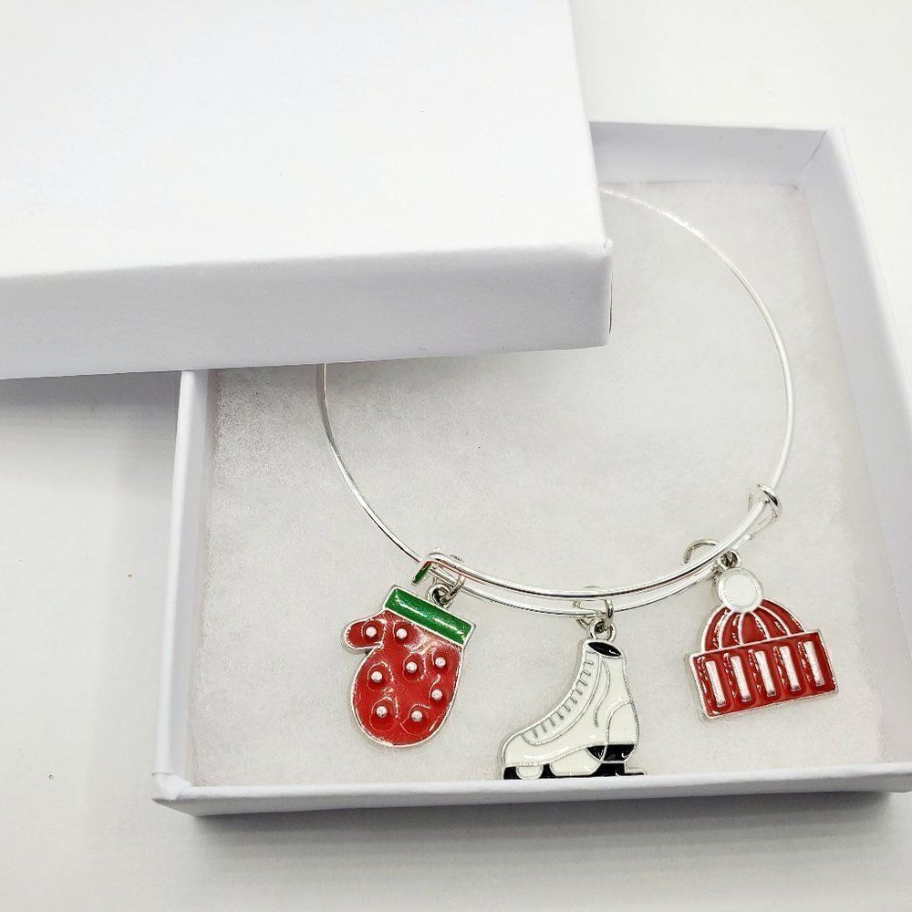 Silver Ice Skate Charm Christmas Bracelet, Christmas Jewelry For Women